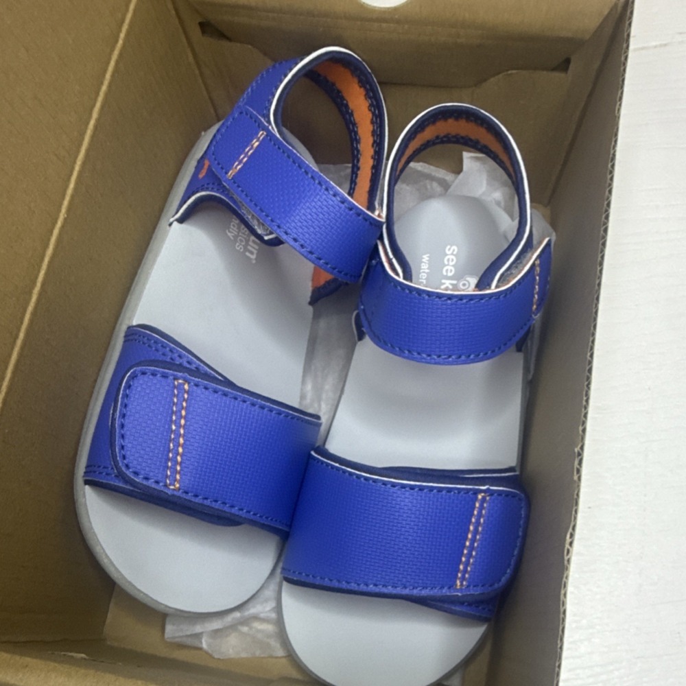 See Kai Run Logan Blue Orange Strappy Hook & Loop Sandal Kids size 12 new in box